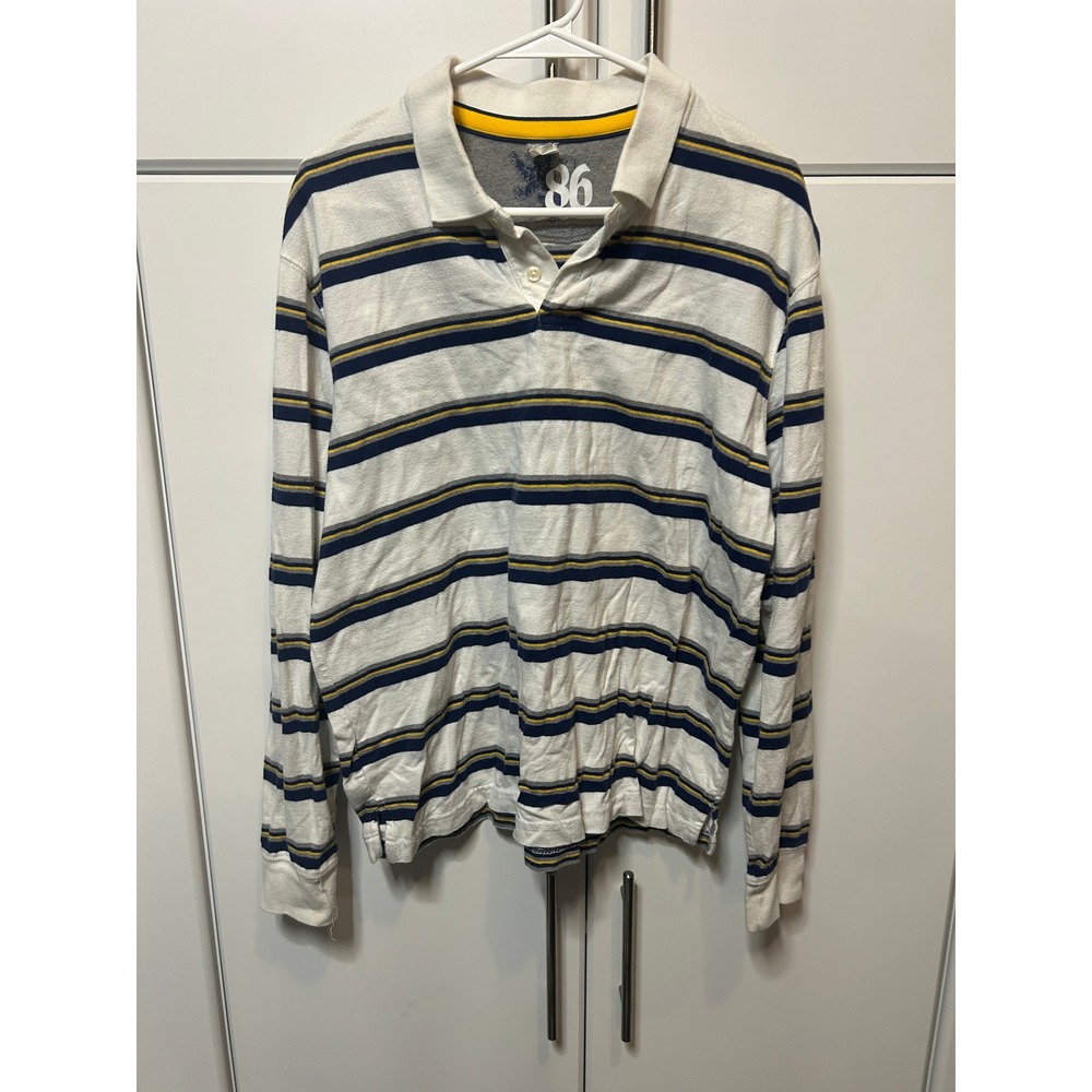 Old Navy Mens Long Sleeve Striped Polo Shirt White Navy Yellow Size L Rugby Styl